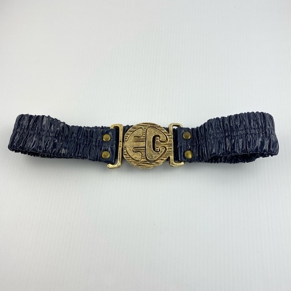 Vintage Enrico Coveri Stretch Belt Navy Blue with Brass EC clasp - Picture 2 of 6
